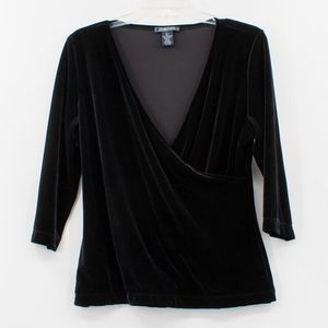 Harold's womens black stretch velvet wrap top Size L 3/4 sleeve dressy